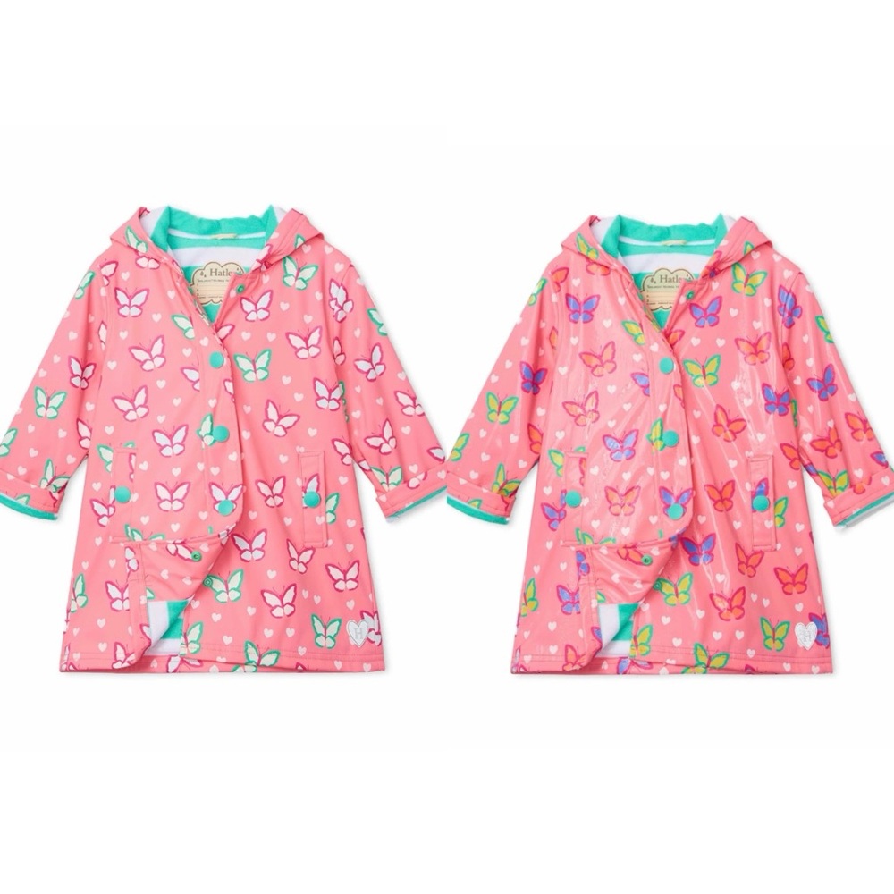 Hatley Pink Butterflies Snap Closure Color Changing Hooded Rain Jacket 9-12M
